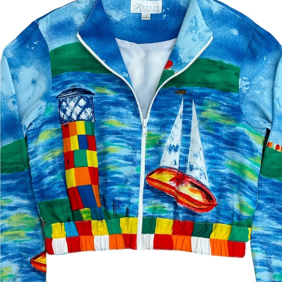 Breeze by Dorothy Schoelen colorful nautical all over print zip up crop jacket S - Picture 2 of 6